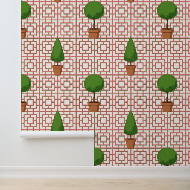 Topiary Pink Bamboo Lattice Peel & Stick  Wallpaper (Application)
