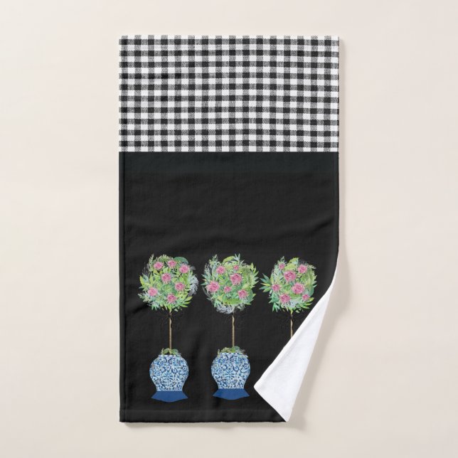 Topiary Roses Black and White Ginger Jar Hand Towel (Hand Towel)
