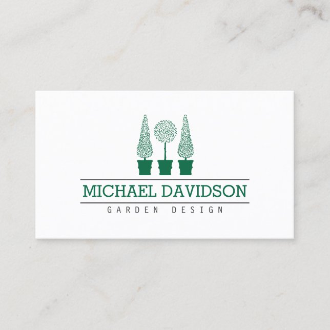 Topiary Trio Gardener Landscaping Dark Green Business Card (Front)