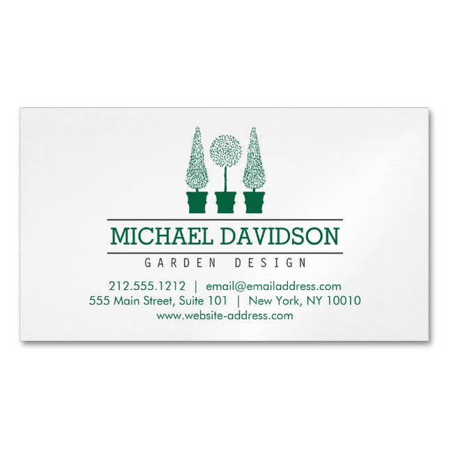 Topiary Trio Gardener Landscaping Dark Green Magnetic Business Card (Front)