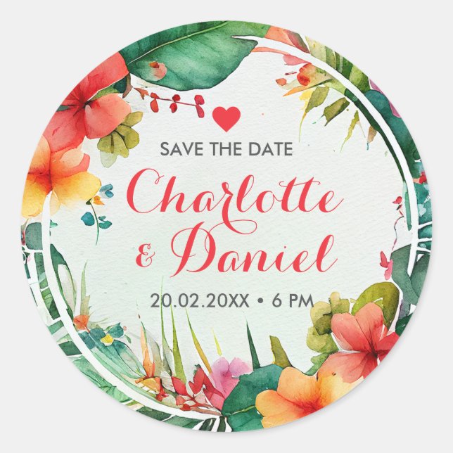 Topical Floral Wreath  | Save The Date | Wedding Classic Round Sticker (Front)