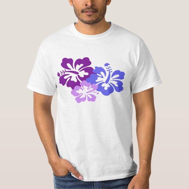 Topical Hibiscus Flower in Blue, Purple and Lilac T-Shirt (Front)