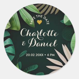 Topical Leaves Pattern   Save The Date   Wedding Classic Round Sticker