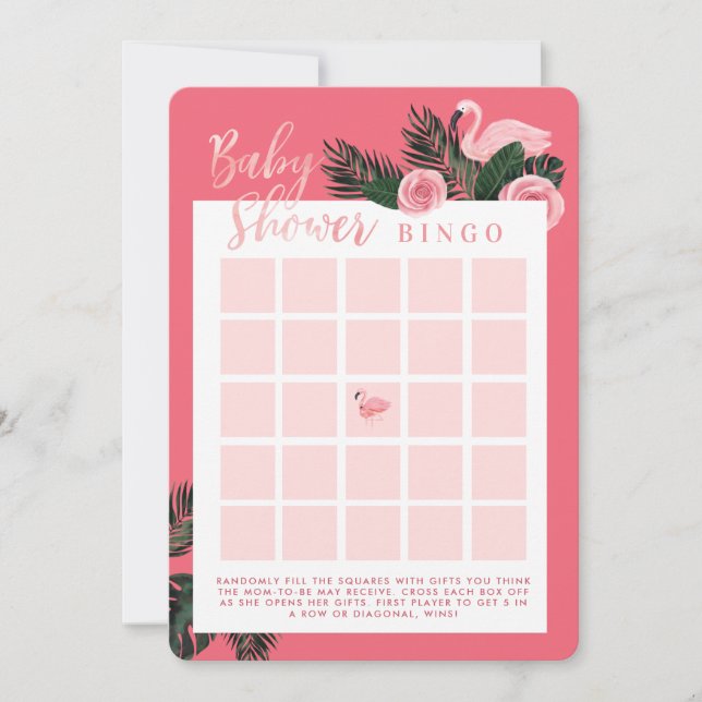 Topical Pink Flamingo Baby Shower Bingo Game Card (Front)