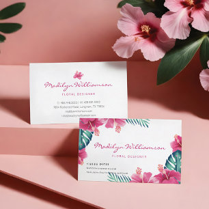 Topical Pink Hibiscus Floral & Foliage Watercolor Business Card