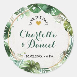 Topical Watercolor Print Save The Date Wedding Classic Round Sticker