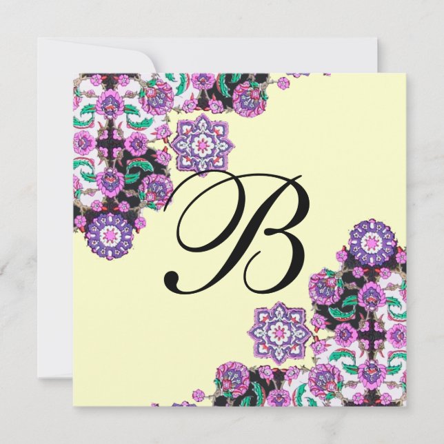 TOPKAPI BLACK  WHITE DAMASK MONOGRAM pink silver Invitation (Front)