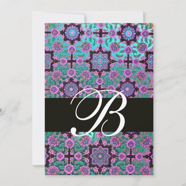 TOPKAPI BLUE  BLACK  DAMASK MONOGRAM pink green Invitation (Front)