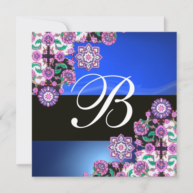 TOPKAPI BLUE BLACK  DAMASK MONOGRAM pink purple Invitation (Front)