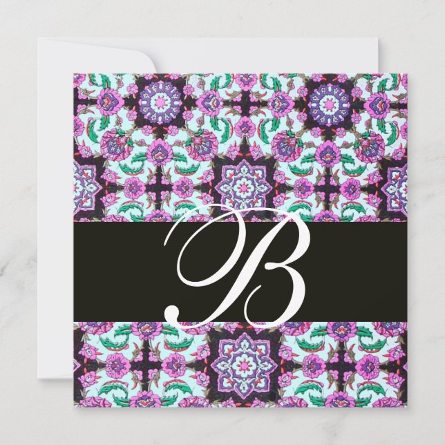 TOPKAPI  DAMASK MONOGRAM  black pink blue green Invitation (Front)