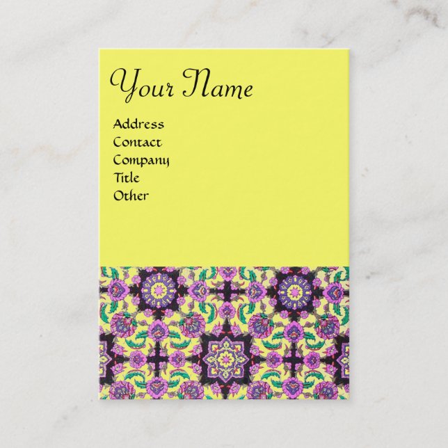 TOPKAPI,FLORAL PINK GREEN YELLOW ORIENTAL DAMASK BUSINESS CARD (Front)