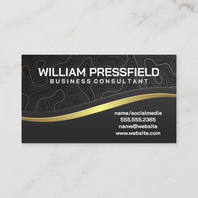 Topographic Lines | Gold Black Sleek Business Card (Back)