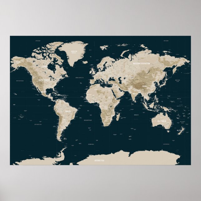 Topographic Map of the World in Tan Poster (Front)