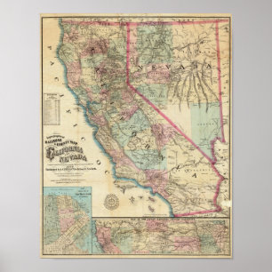 Topographical Railroad and County Map, California Poster