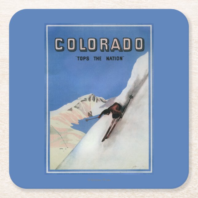 Tops the Nation - Skiing Promotional Poster Square Paper Coaster (Front)