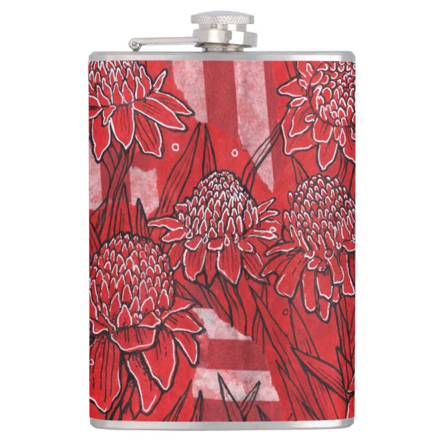 Torch Ginger Lily, Red Flowers Tropical Floral Art Hip Flask (Front)