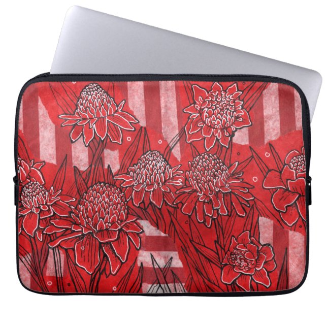 Torch Ginger Lily, Red Flowers Tropical Floral Art Laptop Sleeve (Front)