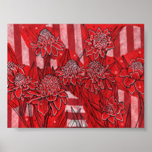 Torch Ginger Lily, Red Flowers Tropical Floral Art Poster