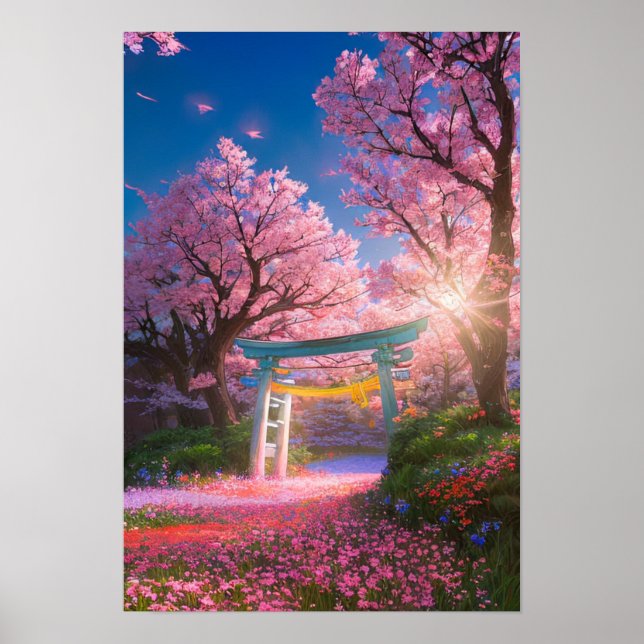 Torii Gate Amidst Cherry Blossom Splendour Poster (Front)