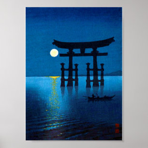 Torii Gate and Full Moon, Koho Shoda, Woodcut Poster
