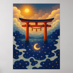 Torii Gate with Sun and Moon Fantasy Japanese  Poster