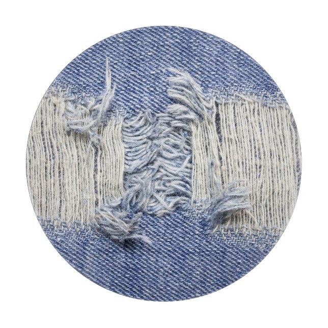 Torn blue denim: jeans texture. cutting board (Front)