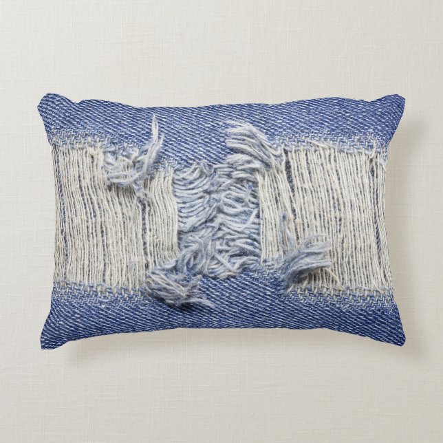 Torn blue denim: jeans texture. decorative cushion (Front)