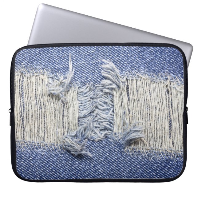 Torn blue denim: jeans texture. laptop sleeve (Front)