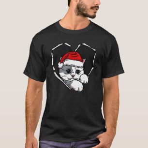 Torn Cloth Cat Face With Christmas Hat Hole Heart T-Shirt