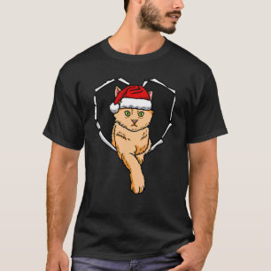 Torn Cloth Cat Face With Christmas Hat Hole Heart T-Shirt