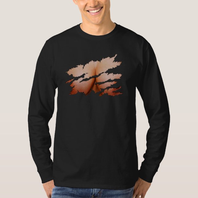 Torn Clothes Revealing Woman's Chest Illusion T-Shirt (Front)