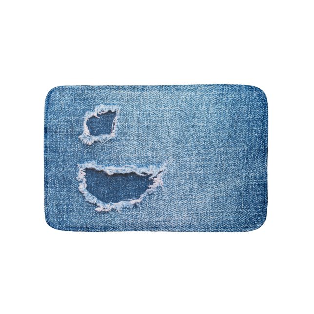 Torn denim fabric texture, blue hues. bath mat (Front)