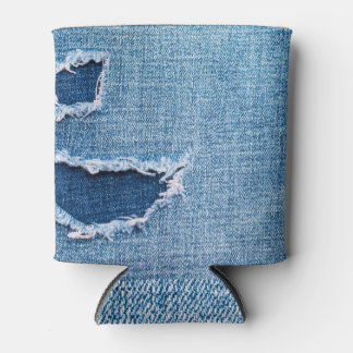 Torn denim fabric texture, blue hues. can cooler