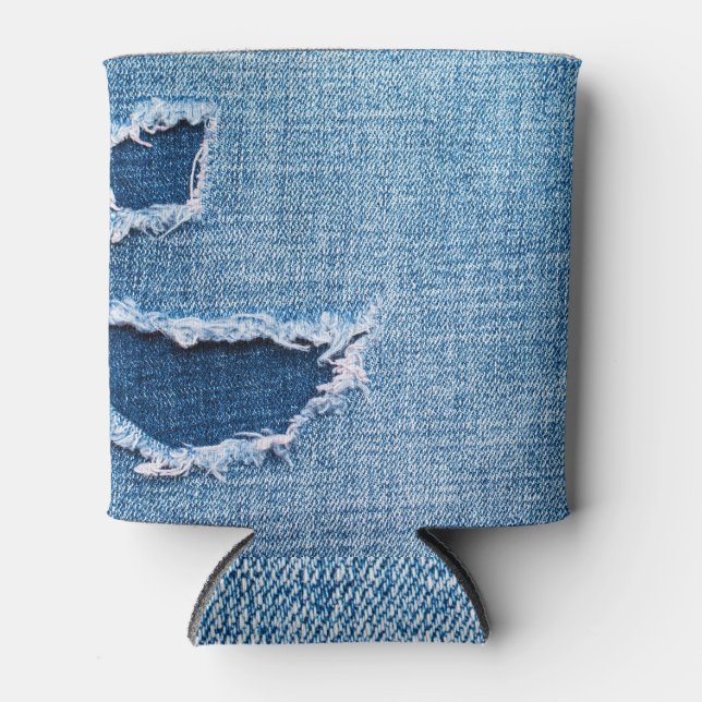 Torn denim fabric texture, blue hues. can cooler (Front)