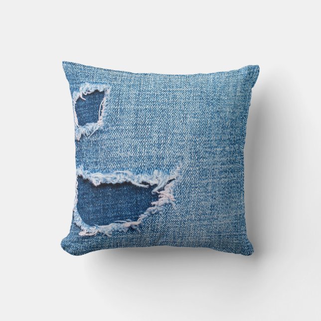 Torn denim fabric texture, blue hues. cushion (Front)