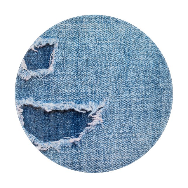 Torn denim fabric texture, blue hues. cutting board (Front)