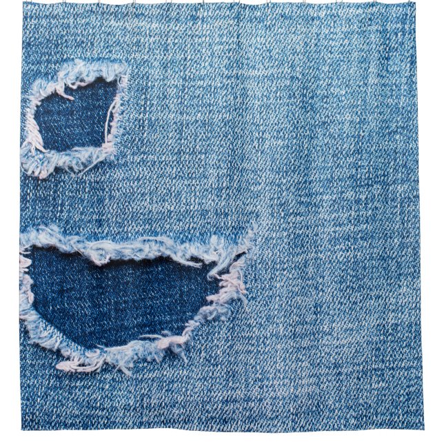 Torn denim fabric texture, blue hues. shower curtain (Front)