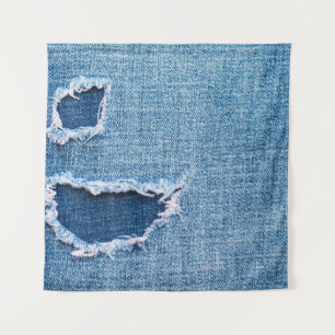 Torn denim fabric texture, blue hues. tapestry