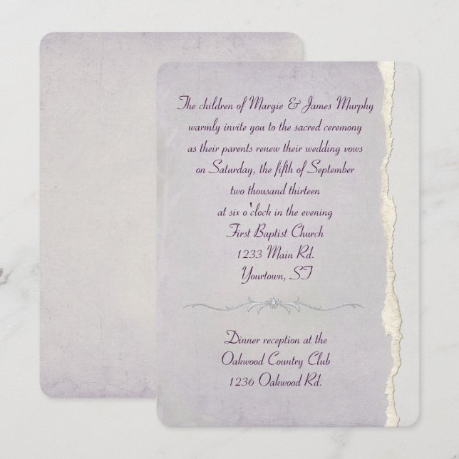 Torn Edge Lavender Wedding Vow Renewal Invitation (Front/Back)