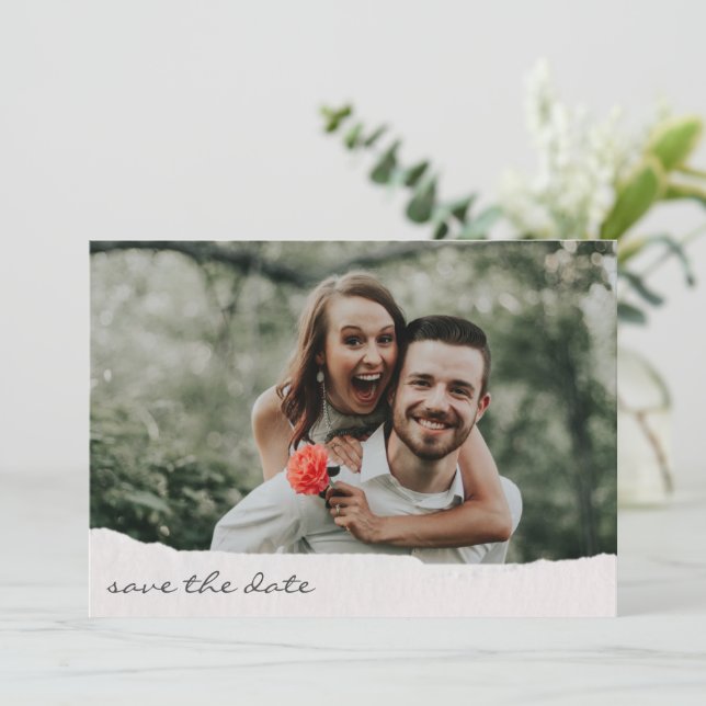 Torn Paper Edge Handwritten Script Photo Wedding Save The Date (Standing Front)