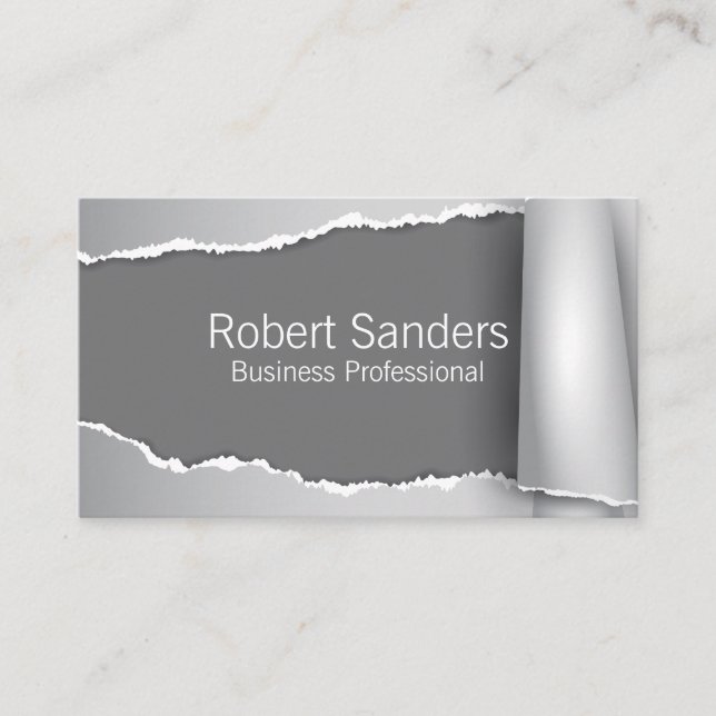 Torn Paper Grey Background Business Card (Front)