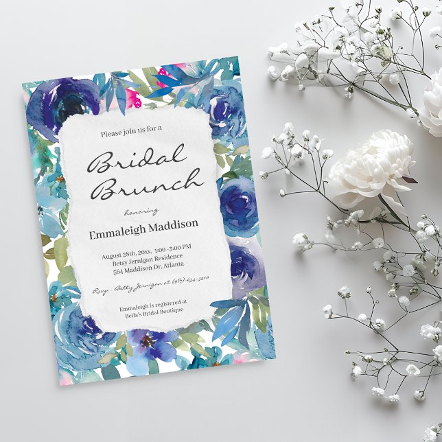 Torn Paper Mermaid Blue Floral Bridal Brunch Invitation (Creator Uploaded)