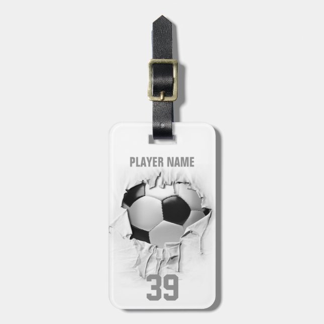 Torn Soccer (white personalised) Luggage Tag (Front Vertical)
