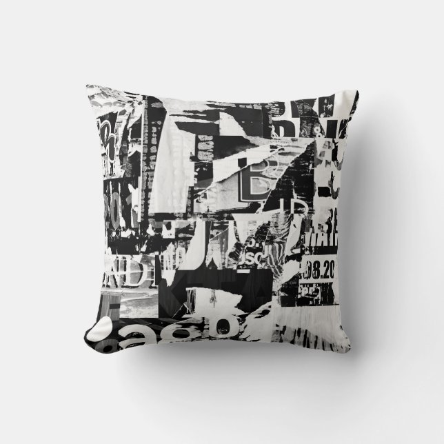 Torn street advertisement posters collage backgrou cushion (Front)