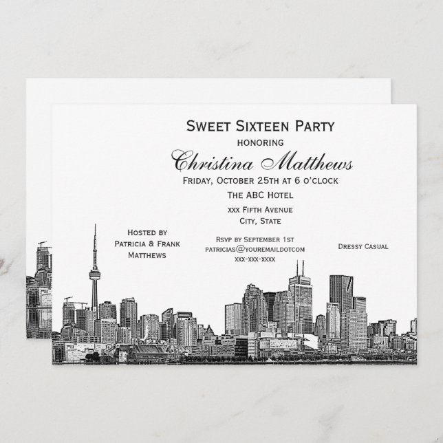 Toronto Etch DIY BG Colour Sweet 16 Wht Invitation (Front/Back)