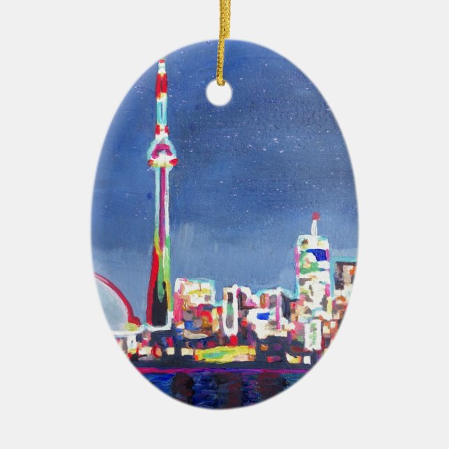 Toronto Neon Shimmering Skyline with CN Tower Ceramic Tree Decoration (Front)