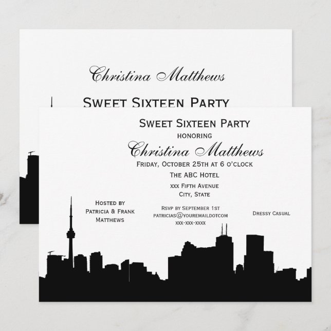 Toronto Silhouette DIY BG Colour Sweet 16 Invitation (Front/Back)