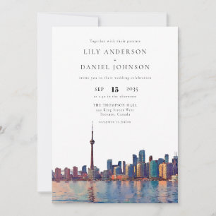 Toronto Skyline Watercolor QR Code Wedding Invitation