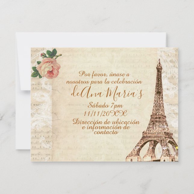 Torre Eiffel elegante lamentable de la Quinceanera Invitation (Back)