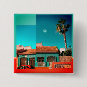 Torrevieja house, moon, palm, Orange and Turqoise 15 Cm Square Badge